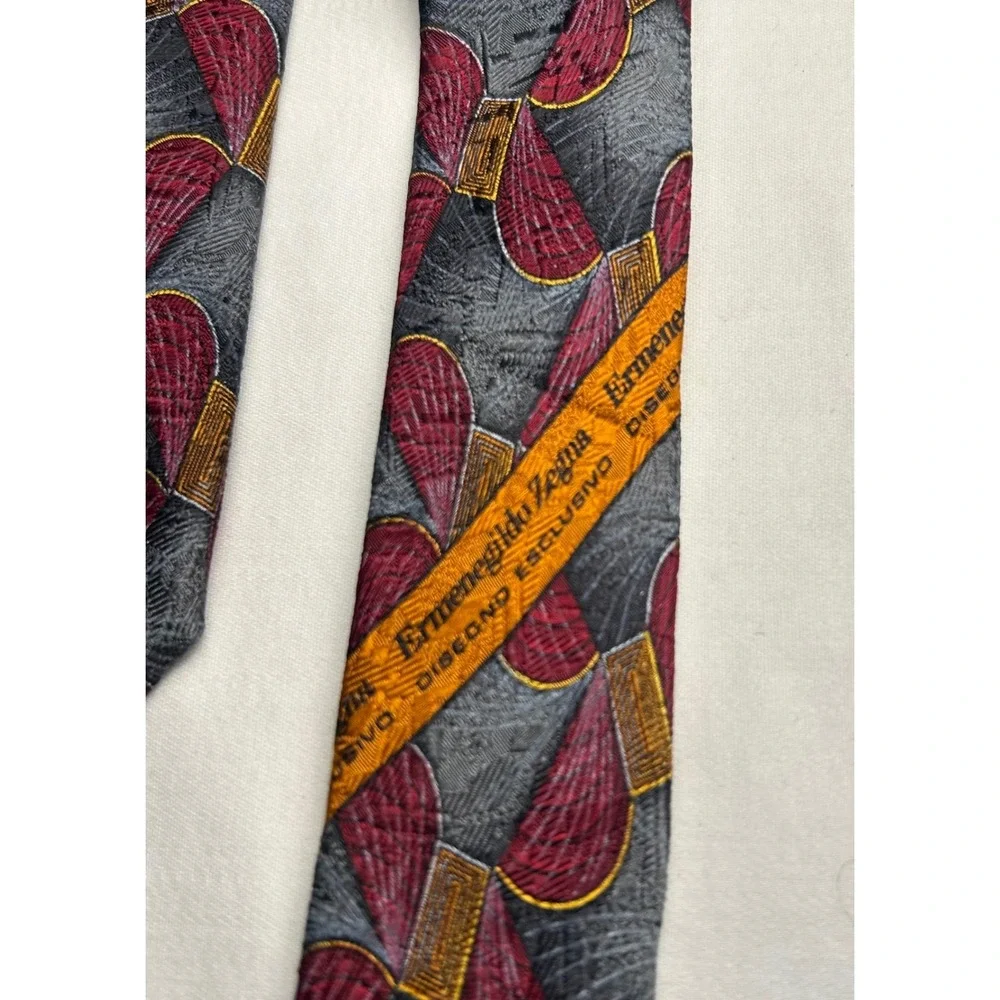 Ermenegildo Zegna Tie Silk Italy Burgundy Gray Gold Geometric Disegno Esclusivo